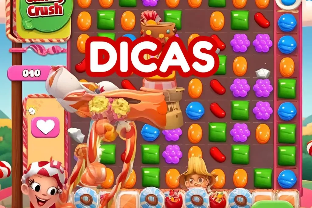 Tela do jogo Candy Crush Saga com doces coloridos organizados no tabuleiro e a palavra "DICAS" em destaque no centro da imagem. Personagens e elementos do jogo aparecem ao redor, dando um tom divertido e dinâmico.