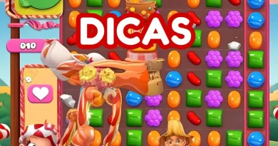 Tela do jogo Candy Crush Saga com doces coloridos organizados no tabuleiro e a palavra "DICAS" em destaque no centro da imagem. Personagens e elementos do jogo aparecem ao redor, dando um tom divertido e dinâmico.