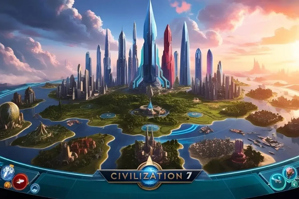 Arte conceitual de Civilização 7 mostrando uma cidade futurista com arranhões avançados, ilhas e um cenário de estratégia global.