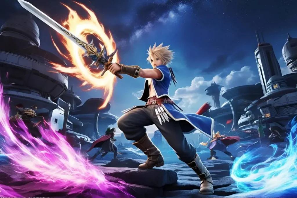 Personagem guerreiro empunhando espada mágica em batalha épica no cenário futurista de Final Fantasy VII Rebirth.