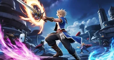 Personagem guerreiro empunhando espada mágica em batalha épica no cenário futurista de Final Fantasy VII Rebirth.