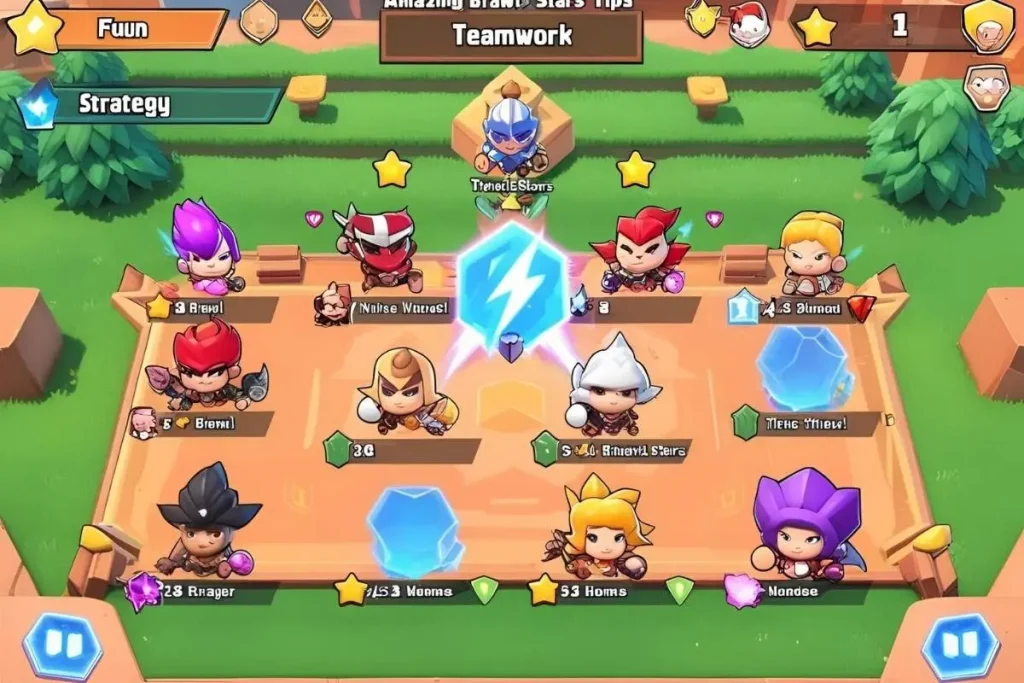 Cena de jogo de estratégia no estilo Brawl Stars, mostrando personagens estilizados com diferentes cores e habilidades posicionados em um tabuleiro de batalha.