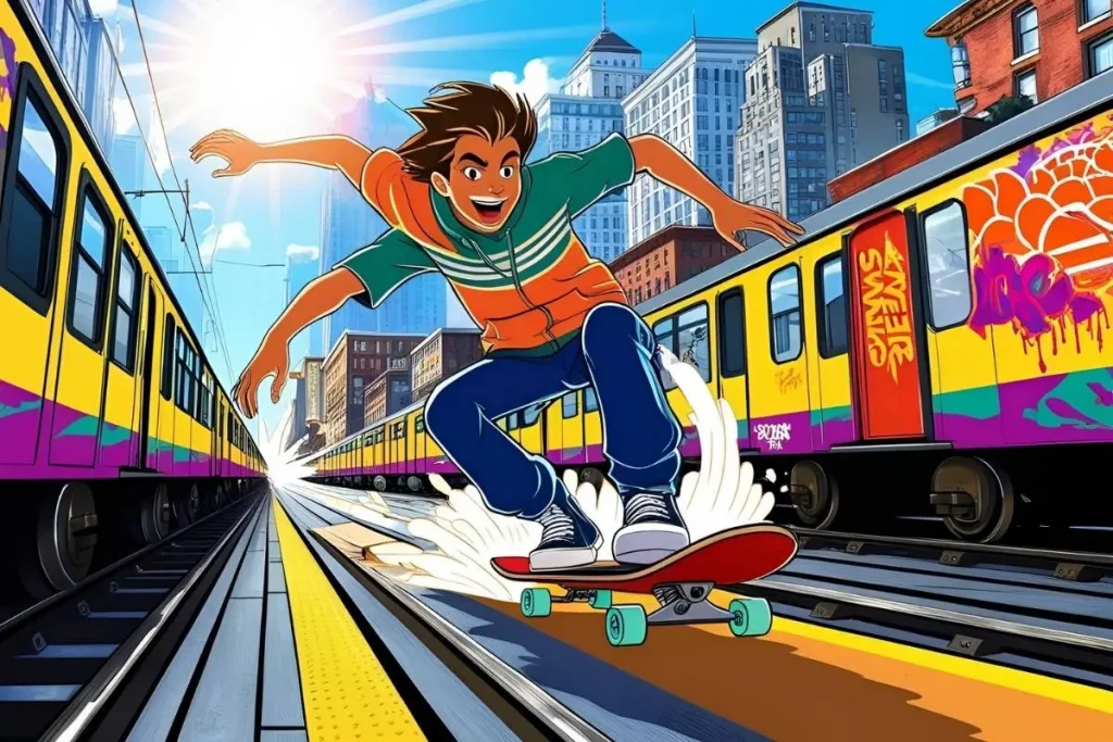 Personagem de Subway Surfers deslizando de skate pelos trilhos em alta velocidade, com trens coloridos ao fundo.