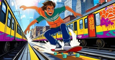 Personagem de Subway Surfers deslizando de skate pelos trilhos em alta velocidade, com trens coloridos ao fundo.