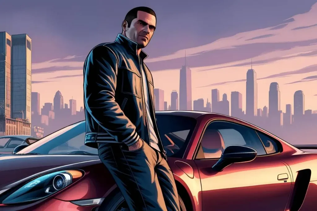 Personagem do GTA 6 encostado em um carro esportivo vermelho, com uma expressão relaxada e confiante.