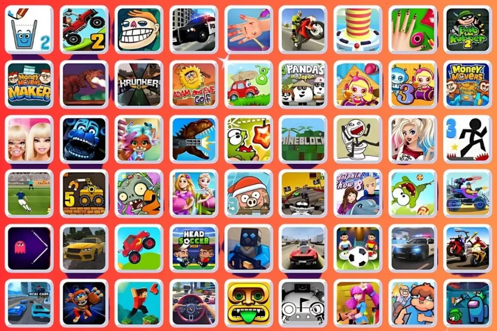 jogos diferentes do Friv exibidos sobre um fundo vermelho vibrante.