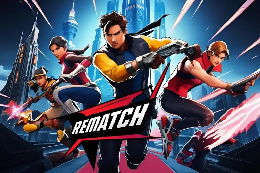 Arte promocional do jogo Rematch, mostrando personagens prontos para a ação em um cenário futurista.