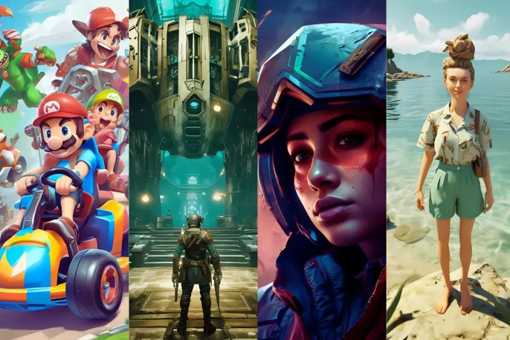 Montagem com quatro imagens representando jogos de 2025, incluindo corrida, ficção científica, ação e aventura na natureza.