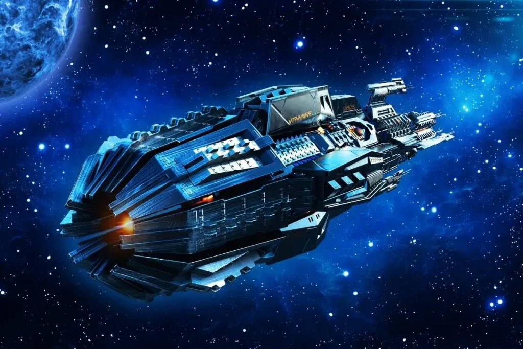 Nave espacial futurista viajando pelo espaço sideral, representando o universo imersivo de Lost Ark.
