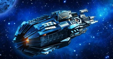 Nave espacial futurista viajando pelo espaço sideral, representando o universo imersivo de Lost Ark.