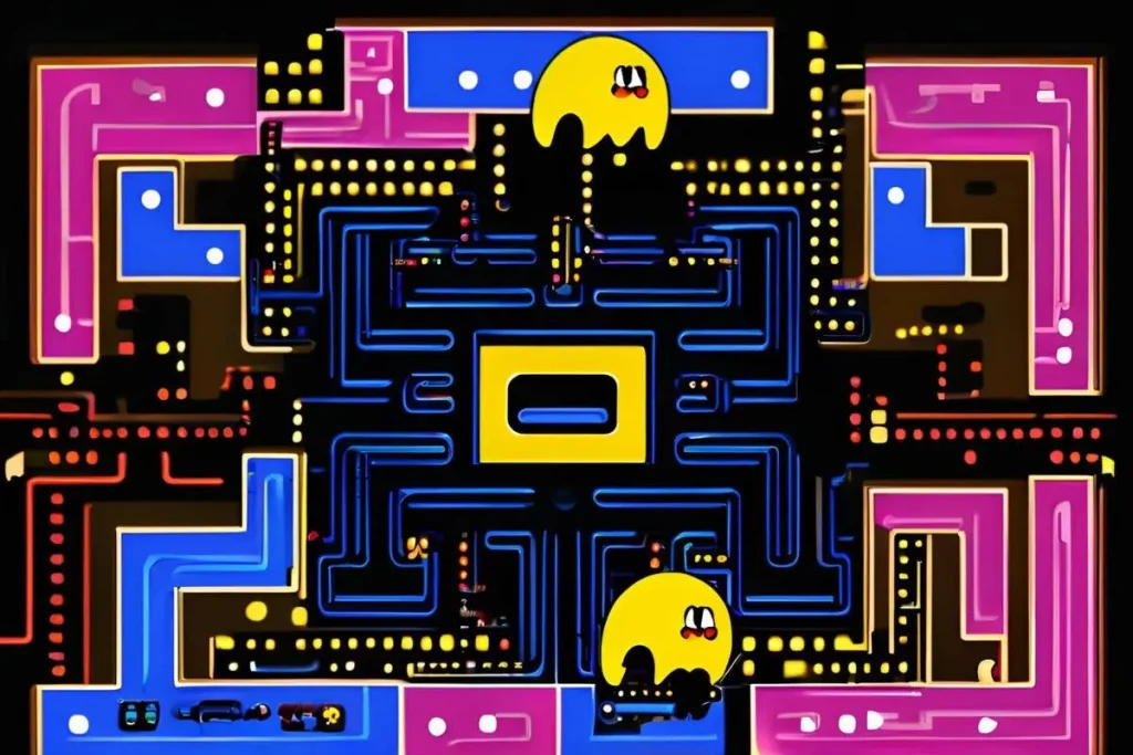 Imagem de um jogo de arcade Pac-Man, mostrando o personagem amarelo comendo pontos em um labirinto colorido.