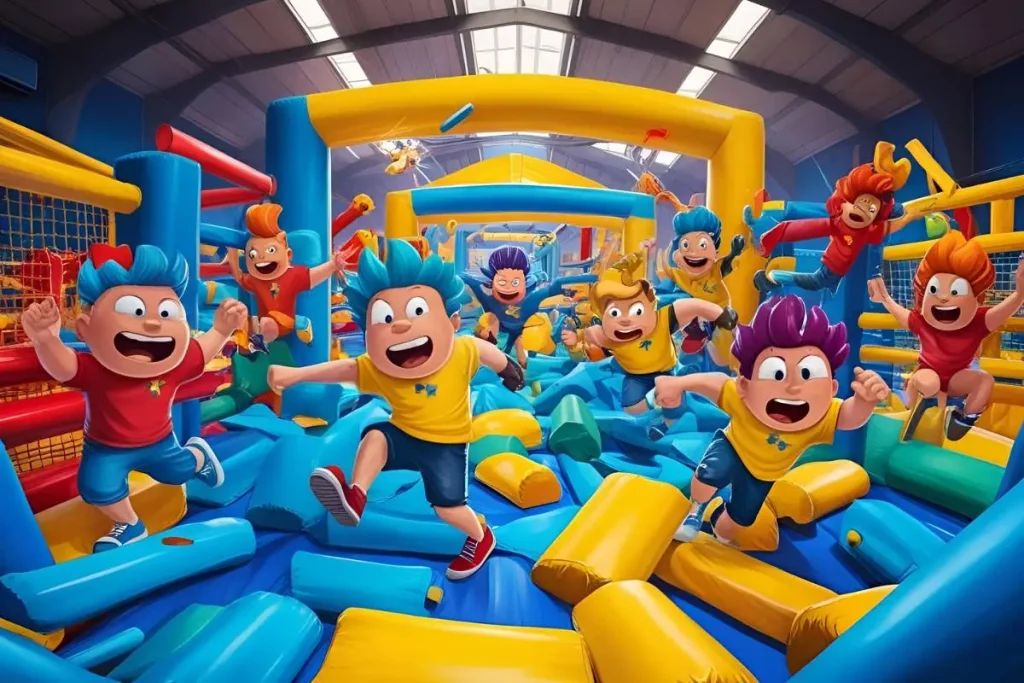 Personagens animados do jogo Stumble Guys correndo e pulando em um cenário colorido, transmitindo ação e diversão em uma competição multijogador.
