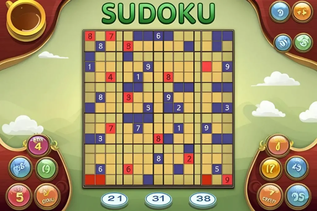 Jogo de sudoku com várias peças coloridas dispostas em uma grade, desafiando a lógica e o raciocínio do jogador.