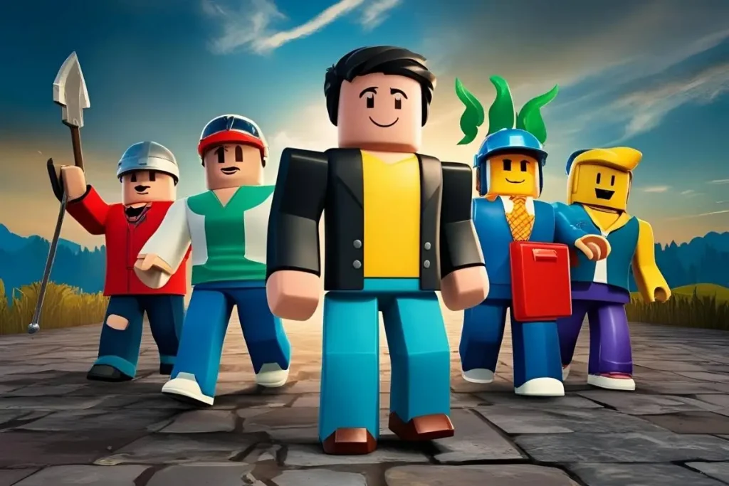 Personagens estilizados de Roblox caminham juntos em um cenário aberto, representando a diversidade e criatividade do jogo.