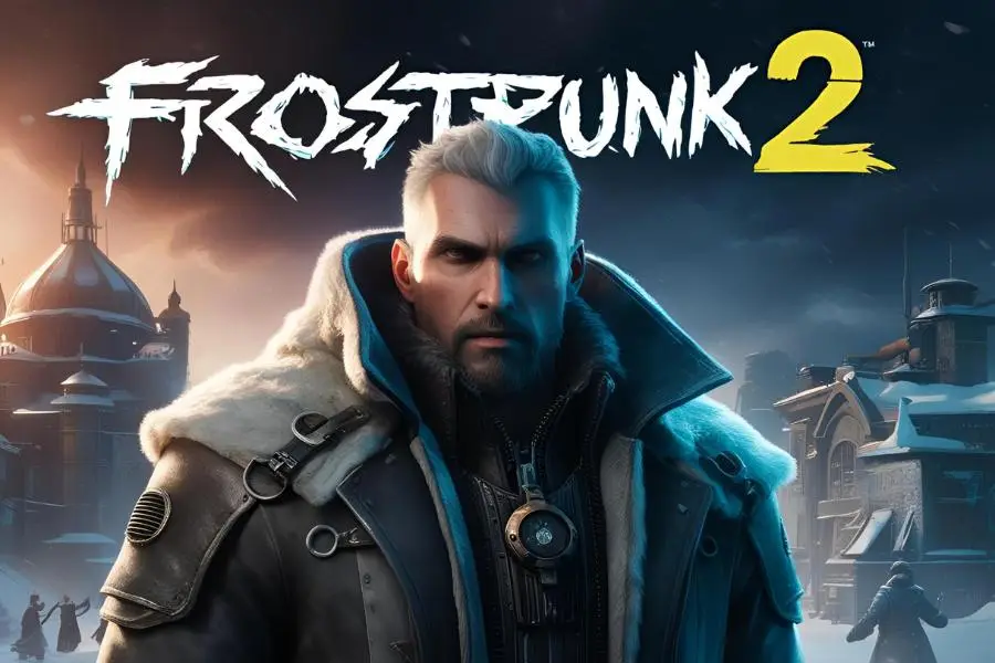 Imagem do jogo Frostpunk 2 com o logo e a mensagem Frostpunk 2 em um fundo gelado.
