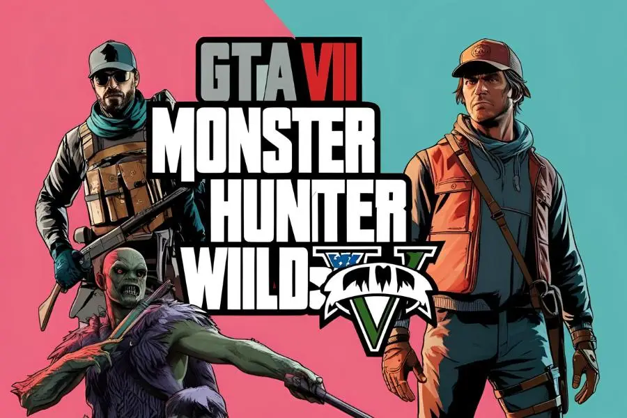 Personagem de GTA V em uma floresta densa, lutando contra um monstro imponente, inspirado no universo de Monster Hunter.