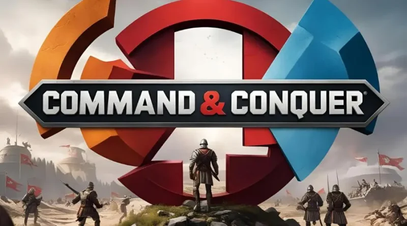 "Command and Conquer: Rising", destacando uma cena de batalha com unidades militares e um fundo futurista.