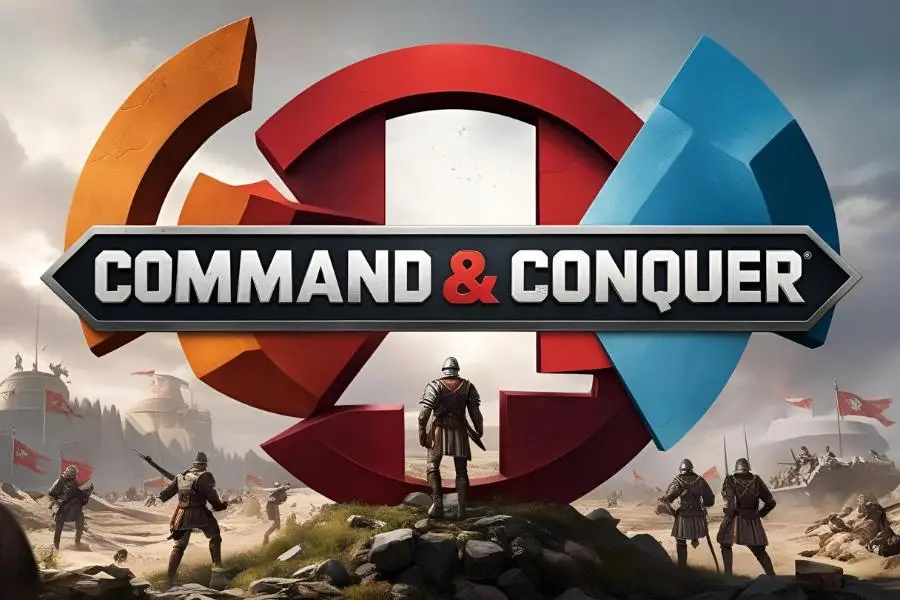 "Command and Conquer: Rising", destacando uma cena de batalha com unidades militares e um fundo futurista.