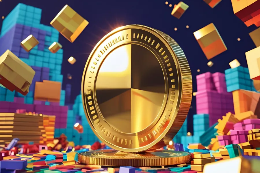 Ilustração de um banner horizontal com moedas de ouro, prata e bronze de diversos tamanhos.