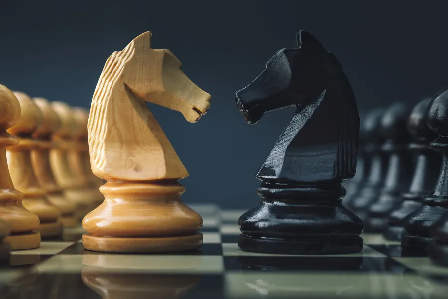 Dois cavalos de xadrez, um branco e um preto, se enfrentando.
