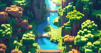 Cenário de videogame com montanhas e terreno construídos por blocos, com um céu azul e nuvens pixelizadas.