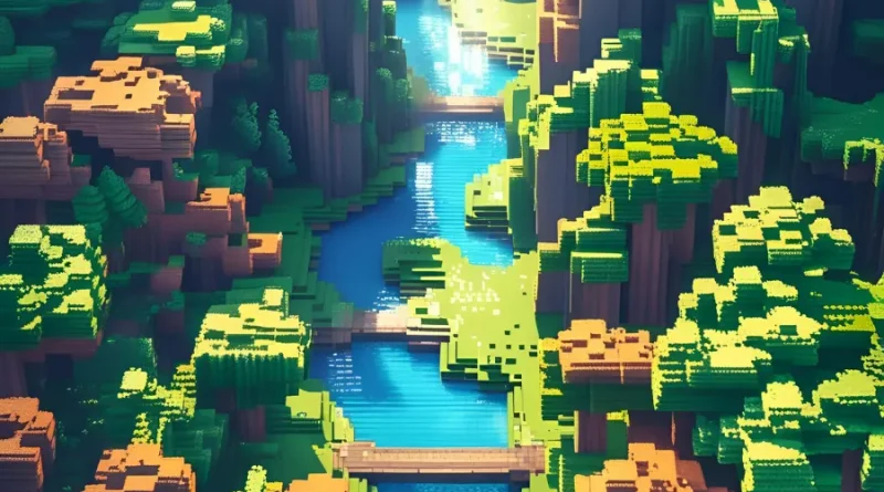 Cenário de videogame com montanhas e terreno construídos por blocos, com um céu azul e nuvens pixelizadas.