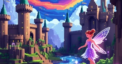 Castelo pixelado com fada e rio brilhante. Fantasia e arte digital vibrante.