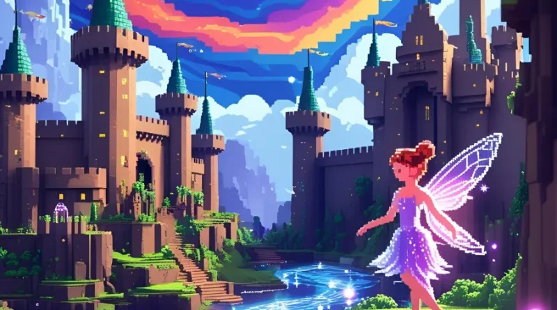 Castelo pixelado com fada e rio brilhante. Fantasia e arte digital vibrante.