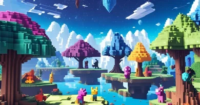 Mundo pixelado vibrante com ilhas flutuantes, árvores coloridas e água azul.