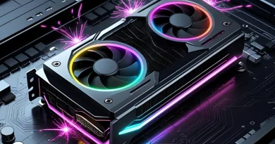 Placa de vídeo poderosa com efeitos de luz e faíscas. Tecnologia de ponta.