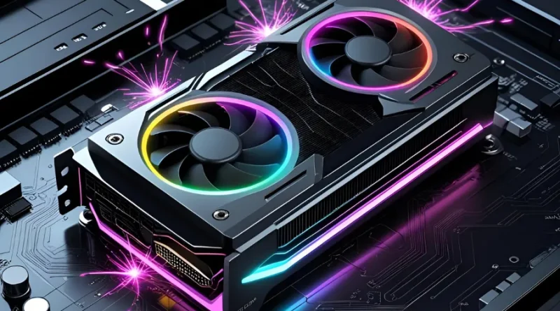 Placa de vídeo poderosa com efeitos de luz e faíscas. Tecnologia de ponta.