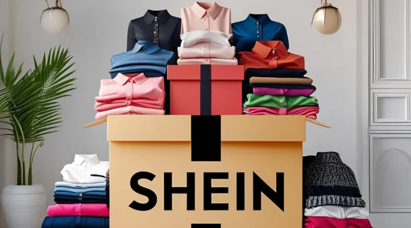 Caixa de papelão aberta com roupas femininas dobradas, incluindo camisas, blusas e peças de diferentes cores e estilos, simbolizando compras online e recebimento de pedidos.