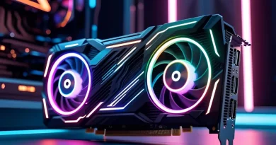 Placa de vídeo de alta performance com iluminação RGB vibrante.