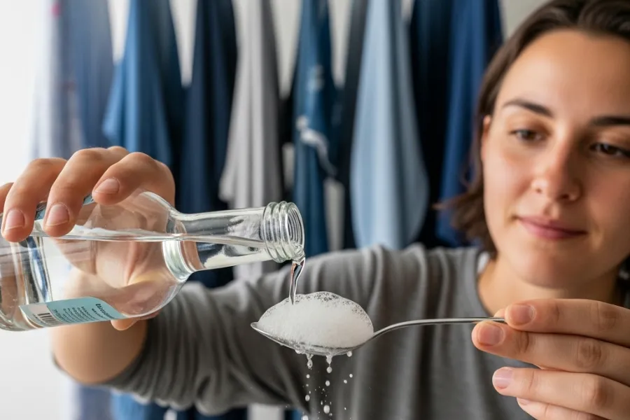 Mulher preparando solução de limpeza de mofo, despejando vinagre em colher com bicarbonato.