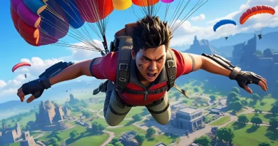 jogador de battle royale caindo de paraquedas sobre mapa de jogo