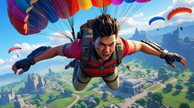 jogador de battle royale caindo de paraquedas sobre mapa de jogo