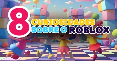 "8 CURIOSIDADES SOBRE O ROBLOX" em um cenário de jogo com crianças e blocos coloridos.