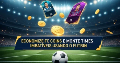 Moedas virtuais e cartas de jogadores flutuando sobre um campo de futebol virtual com a frase "Economize FC Coins e Monte Times Imbatíveis Usando o FUTBIN".