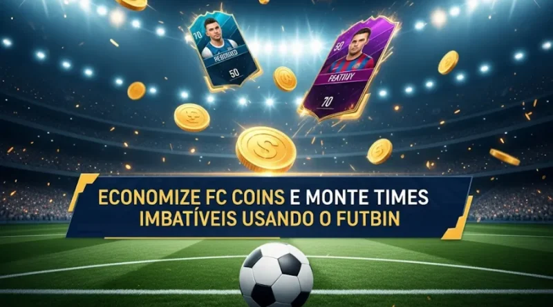 Moedas virtuais e cartas de jogadores flutuando sobre um campo de futebol virtual com a frase "Economize FC Coins e Monte Times Imbatíveis Usando o FUTBIN".