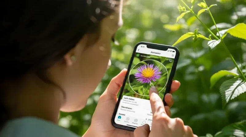 Mulher usando aplicativo de identificação de flora no smartphone para reconhecer uma flor roxa e amarela.