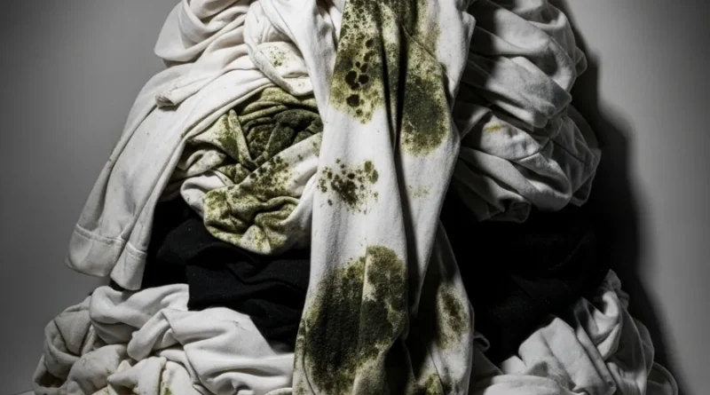 Pilha de roupas brancas e escuras com mofo verde e preto.