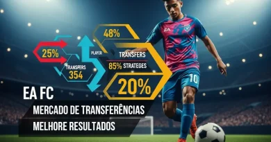 Tela do mercado de transferências EA Sports FC com gráfico de lucros e jogador virtual em campo, tema "melhore resultados".