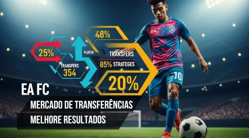 Tela do mercado de transferências EA Sports FC com gráfico de lucros e jogador virtual em campo, tema "melhore resultados".