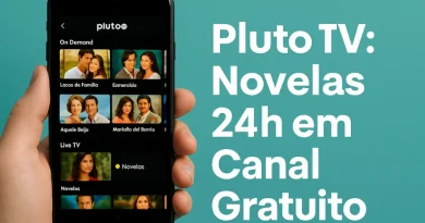 celular exibindo Pluto TV com novelas, "Pluto TV: Novelas 24h em Canal Gratuito"