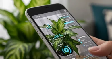 Mão segurando smartphone com aplicativo "PictureThis" exibindo informações detalhadas sobre uma planta de interior.