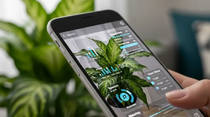 Mão segurando smartphone com aplicativo "PictureThis" exibindo informações detalhadas sobre uma planta de interior.