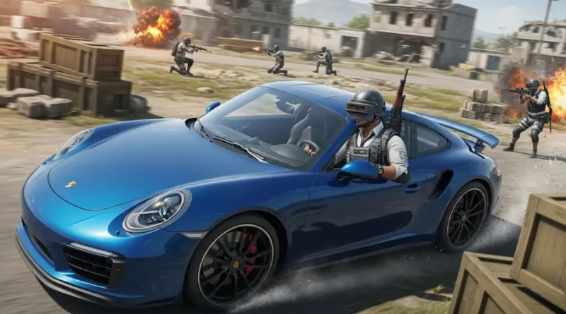 Porsche azul em jogo PUBG, carro esportivo em cenário de batalha, colaboração PUBG Porsche