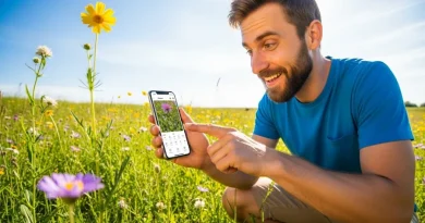 Homem sorridente usando aplicativo Seek no smartphone para identificar flor roxa em um campo de flores ensolarado.