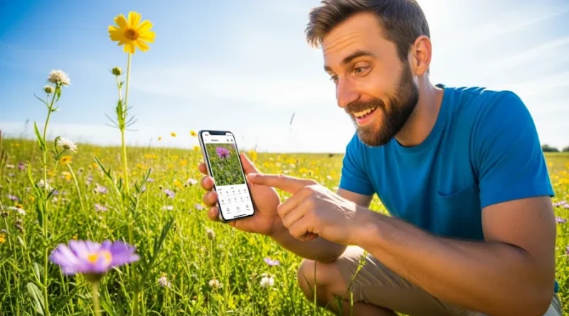 Homem sorridente usando aplicativo Seek no smartphone para identificar flor roxa em um campo de flores ensolarado.