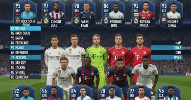 Tela de EA Sports FC Squad Builder exibindo uma formação de futebol 4-2-3-1 com cartas de jogadores de alto rating e estatísticas.